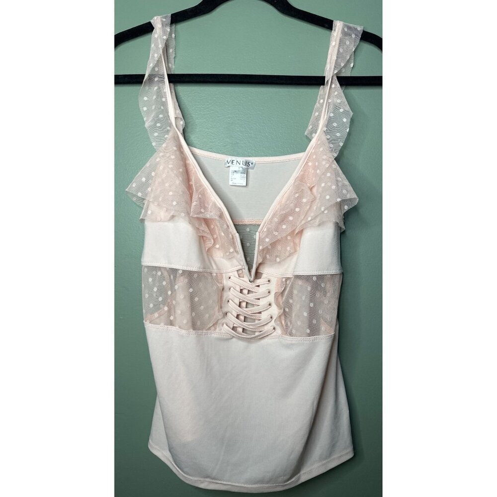 VENUE Women’s Babydoll Tank Top Size L Pink Sheer Lace Polka Dot Coquette Y2K